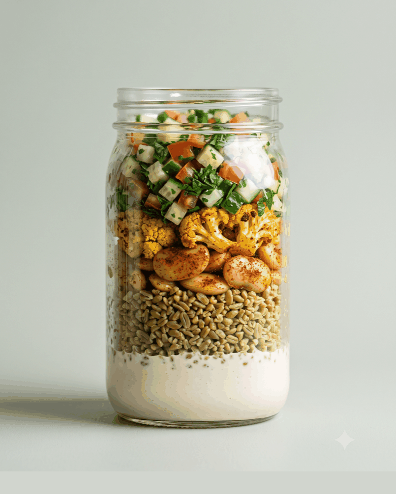 Shawarma-spiced butter beans and cauliflower over freekeh, chopped salad, yogurt-tahini poured at the end.