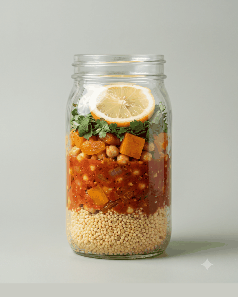 Chickpeas, butternut, apricot, ras el hanout, jammy after a covered simmer. Millet under.