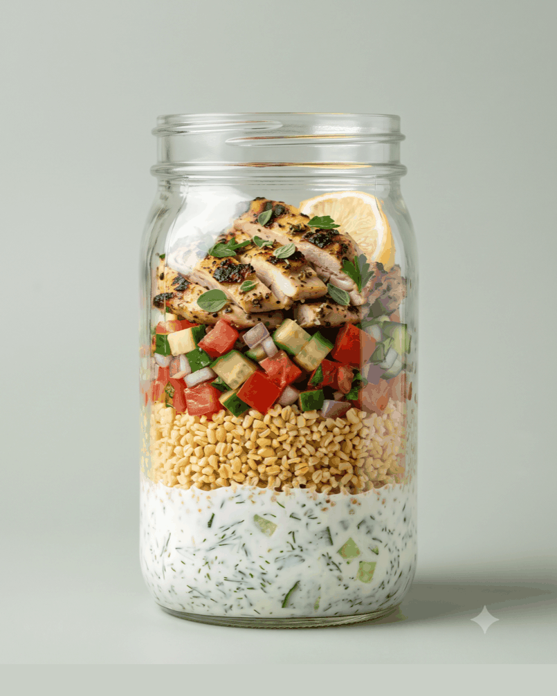Lemon-oregano thighs off the grill, bulgur, vinegared chopped salad, tzatziki in its own cup.
