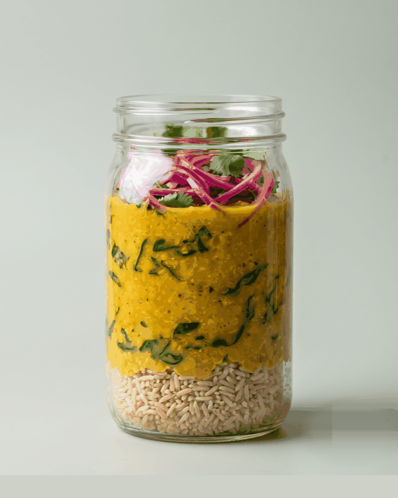 Red lentils in coconut and ginger, spinach folded in off heat, pickled red onion on top. Brown basmati under.