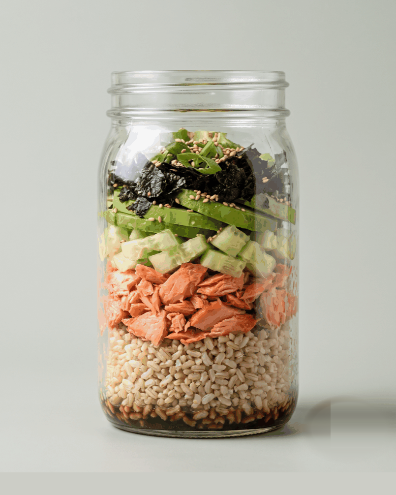 Flaked roast salmon, short-grain brown rice, smashed cucumber, avocado, crumbled toasted nori.