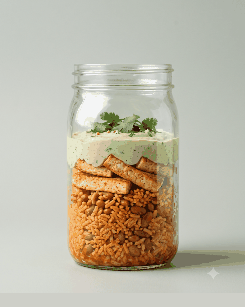 Rice cooked in blended sofrito, pinto beans, seared tofu slabs laid over the top.